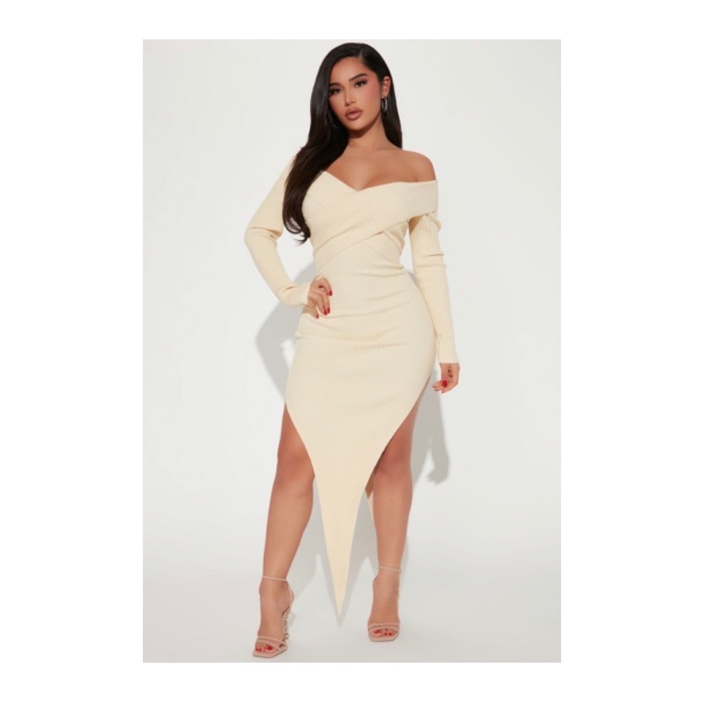 Cream off the shoulders long sleeve dress